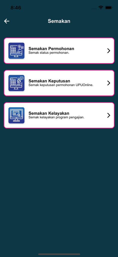 UPUPocket app menu for checking admission status, results, and eligibility