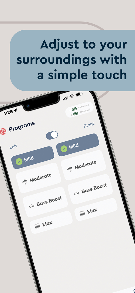 Lucid Hearing app interface showing hearing program presets like Mild Moderate and Bass Boost for left and right ears