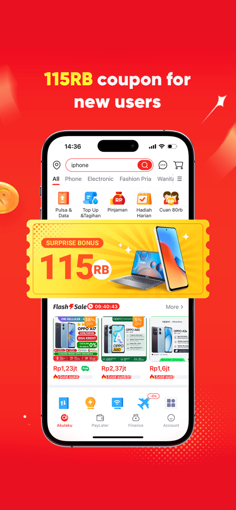 Akulaku-Installment Shopping - Akulaku mobile App Startseite mit einem Gutschein für Neubenutzer und verschiedenen Elektronikprodukten im Angebot