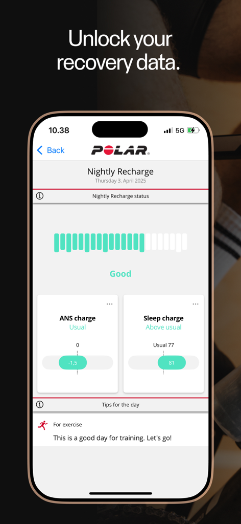 Polar Flow app displaying Nightly Recharge status and fitness recovery insights