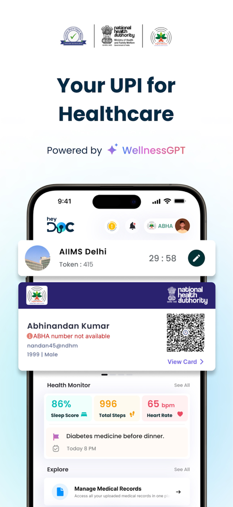 HeyDoc AI : WellnessGPT & ABHA - HeyDoc AI app interface showing an ABHA digital health card and a wellness monitor with sleep score and heart rate stats.