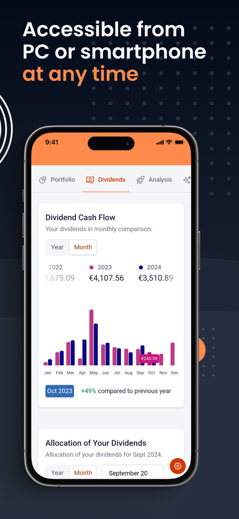 DivvyDiary - iPhone screen showing the DivvyDiary app with a bar chart comparing monthly dividend cash flow across multiple years