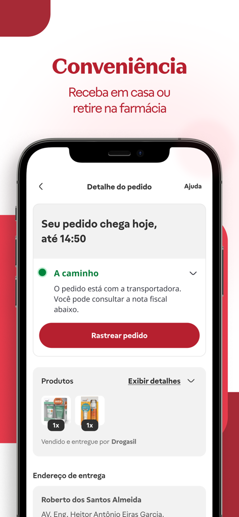 Drogasil app screen displaying order status and delivery tracking information
