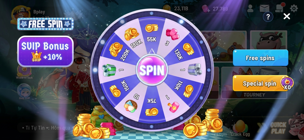 Ba Bich Game - A colorful free spin prize wheel in the Ba Bich Game app showing various coin and gem rewards.