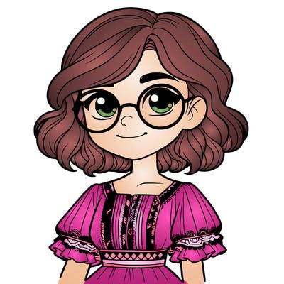 one girl with medium short hair, which are wavy. she has round glasses. she wears a latina outfit.