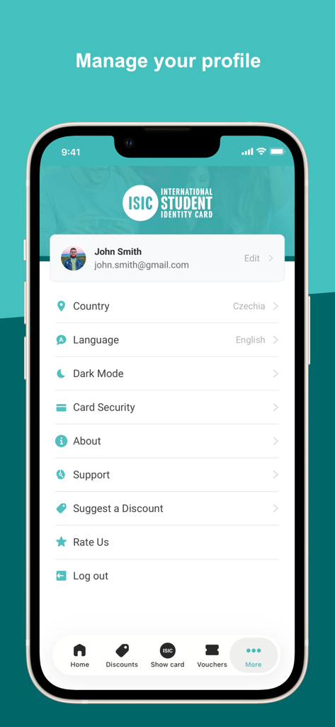 Pantalla de gestión de perfil de la app ISIC con ajustes y preferencias de la cuenta de usuario.