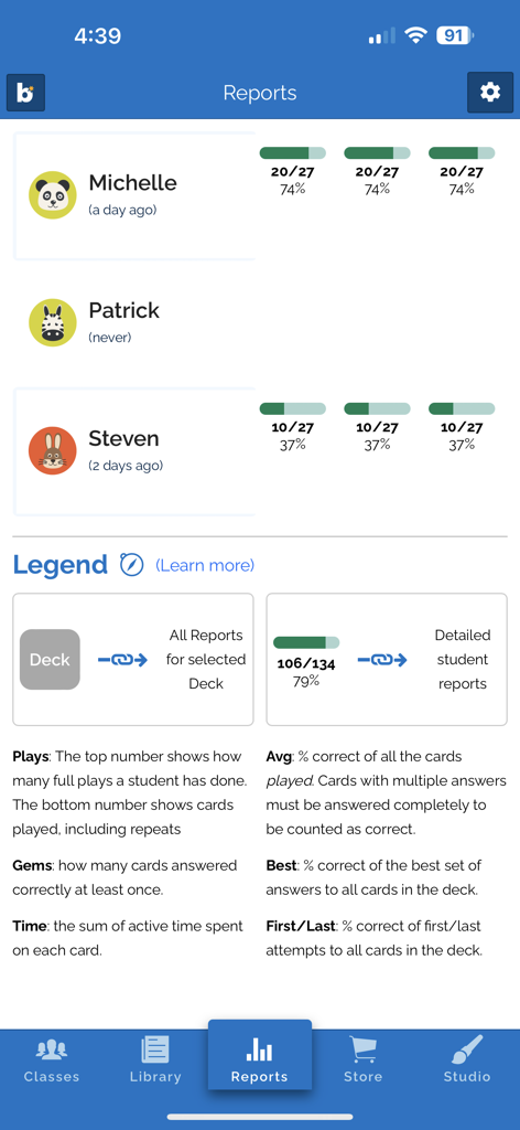 Boom Cards - A student performance reports screen in the Boom Cards app showing progress tracking and data analytics for teachers