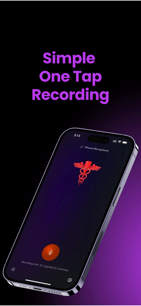 MedXcribe - MedXcribe mobile App-Oberfläche mit einem Bildschirm für die Aufnahme mit einem Fingertipp zur medizinischen Transkription.