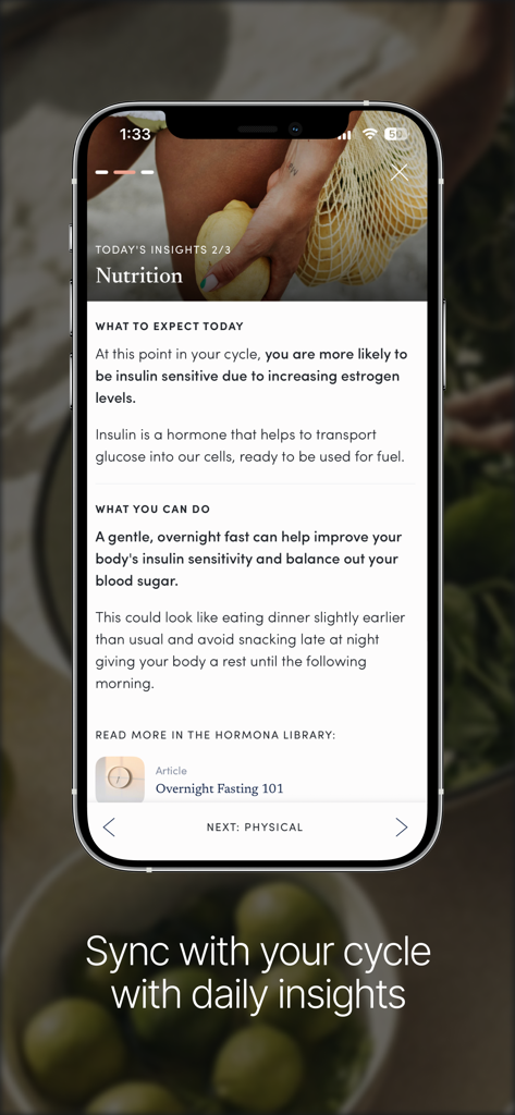 Hormona: Period & Hormones - Hormona app screen showing personalized nutrition advice and hormone health insights based on the menstrual cycle.