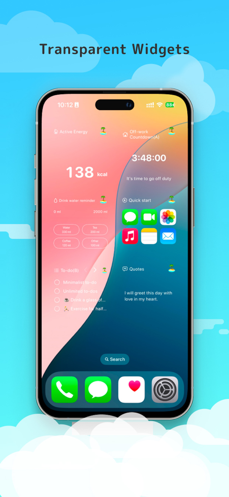 iPhone home screen featuring transparent widgets for calories countdown and quick launch shortcuts