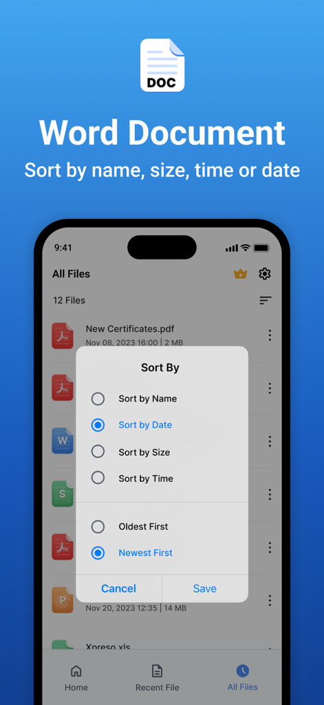 Word document - Interfaz de la aplicación Documento de Word mostrando un menú con opciones de clasificación de archivos como nombre, fecha y tamaño
