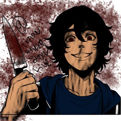 teenage realistic guy with long ish hair holding a knife and has a big grin