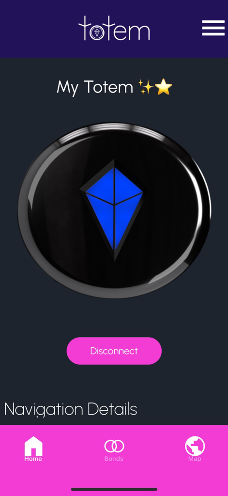 Totem Compass mobile app home dashboard showing a connected wearable device and navigation menu