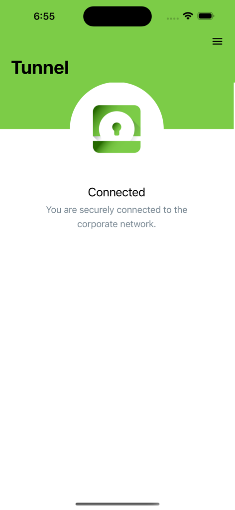 Workspace ONE Tunnel app screen showing a successful secure connection to the corporate network with a green lock icon.