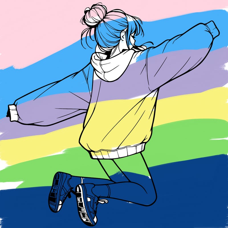 realistic girl jumping with a bun and oversized sweatshirt