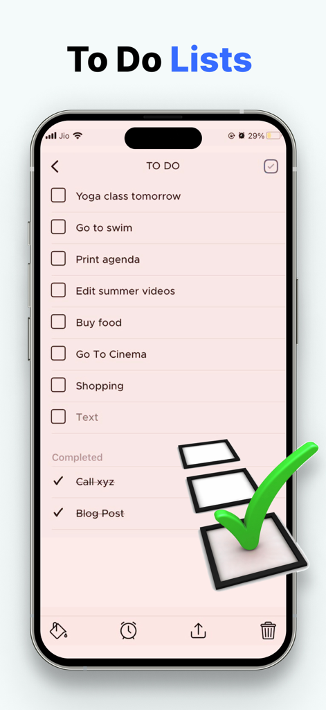 Notebook : AI Voice Note Taker - A smartphone screen displaying a daily to-do list with checkboxes in a pink themed app