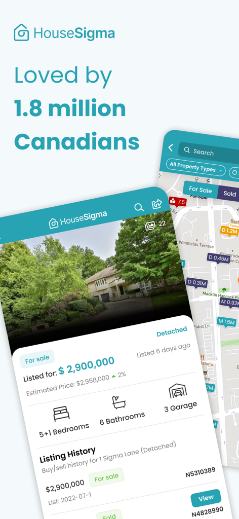 HouseSigma mobile App zeigt eine detaillierte Immobilienliste und Karte in Kanada