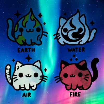 4 cats that represent the different elements, earth, water, air, and fire
