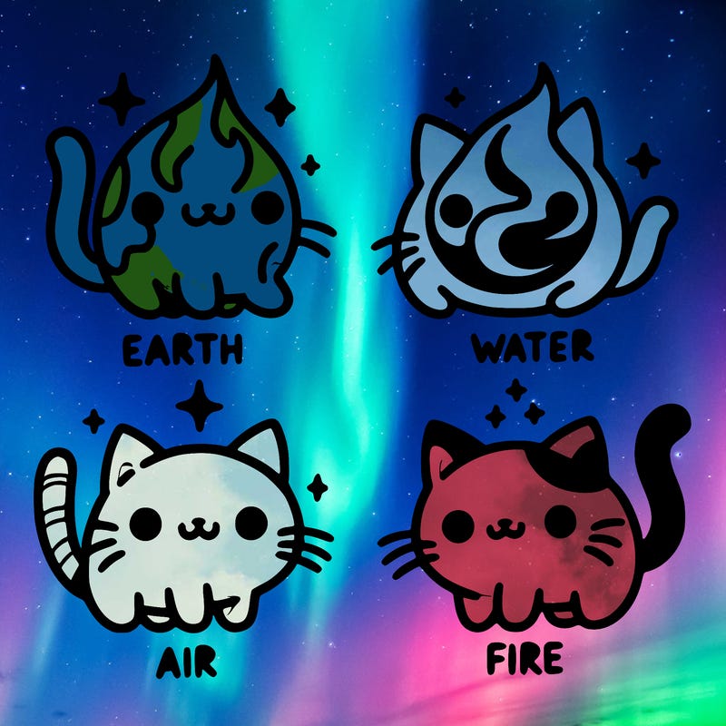 4 cats that represent the different elements, earth, water, air, and fire