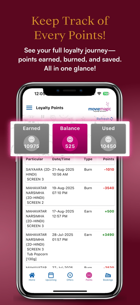 Movie Magic Multiplex - Panel de puntos de fidelidad en la aplicación Movie Magic Multiplex mostrando el saldo y el historial de transacciones
