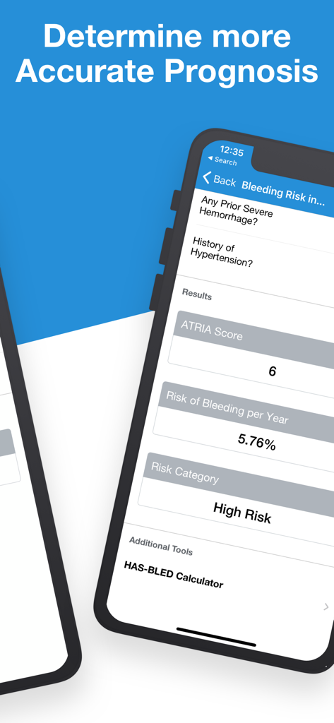 Calculate by QxMD app showing a clinical calculator for bleeding risk assessment with ATRIA score and risk category