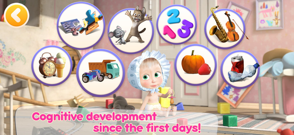 Menú de actividades educativas en Juegos Infantiles de Masha y el Oso que muestra rompecabezas, categorías de números y música