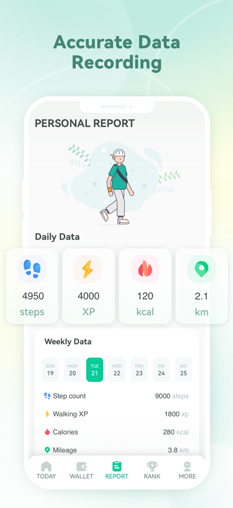 WalkBoost app personal report screen showing daily steps, earned XP, calories burned, and distance traveled