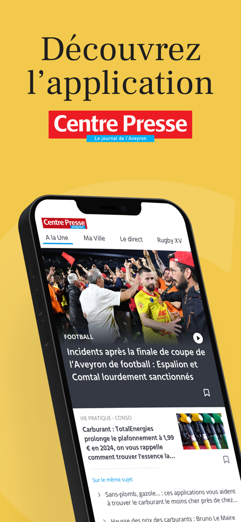 Écran promotionnel de l'application d'actualités mobiles Centre Presse Aveyron présentant les gros titres des actualités locales sur un smartphone.
