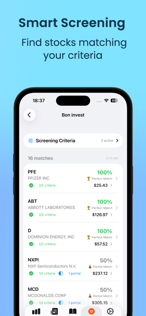 Stock Screener - AI Analysis - Interfaz de la aplicación Screener de Acciones que muestra resultados de análisis inteligente con coincidencias de acciones y porcentajes de coincidencia