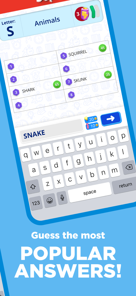 Gameplay screen of Stop 2 showing the animal category with words starting with the letter S and a prompt to guess popular answers.