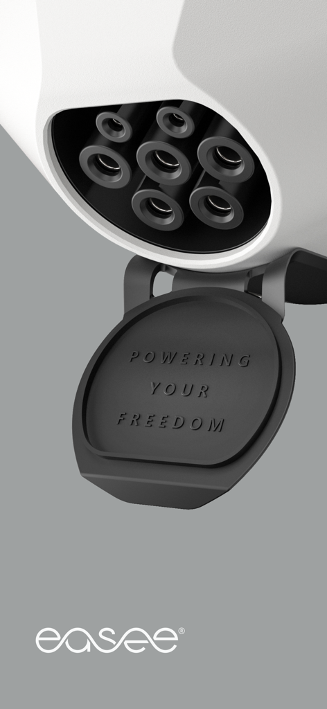 Nahaufnahme einer Easee-Ladesteckdose für Elektrofahrzeuge mit dem eingeprägten Text Powering Your Freedom auf der schwarzen Abdeckung