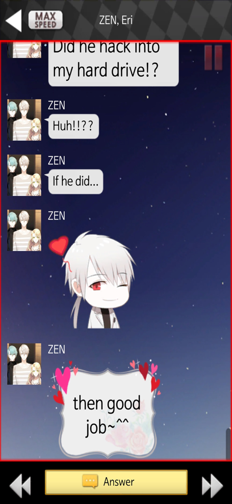 A screenshot of the Mystic Messenger chat interface featuring the character Zen and romantic text bubbles.