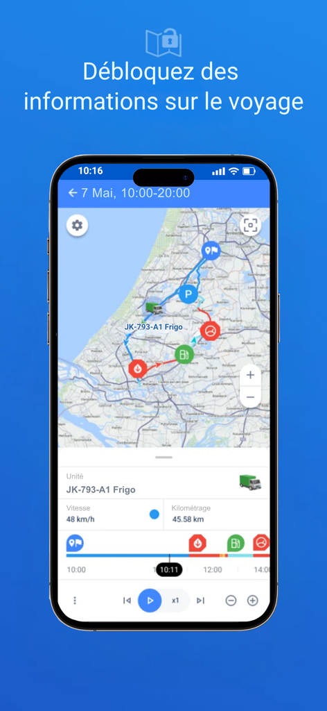 Geoweb.2 Tracking - Aplicación Geoweb.2 Tracking mostrando la ruta del vehículo en tiempo real y datos de gestión de flotas en una interfaz de mapa.