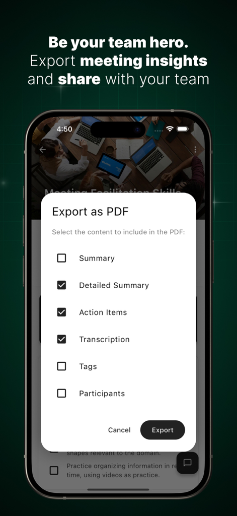 Anotar: Work Meeting Recorder - AnotarアプリのPDFエクスポートメニューに、会議の要約とアクションアイテムが表示されているスマートフォンの画面を表示。