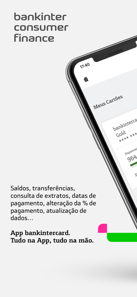 bankintercard Portugal - A smartphone displaying the Bankintercard Portugal app interface for managing credit card balances and transfers