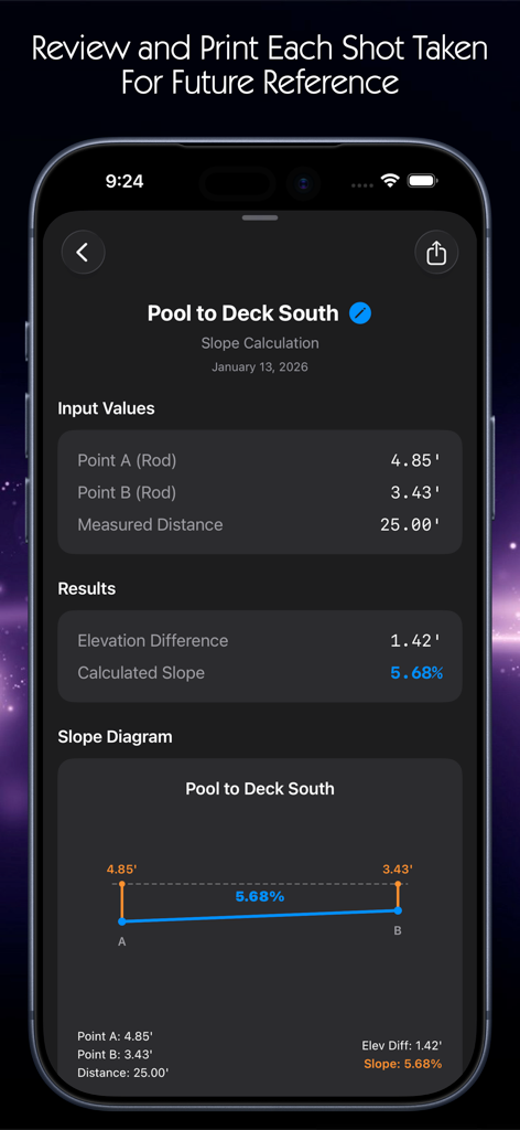 Detailed slope calculation summary with visual diagram and input values for a pool to deck project