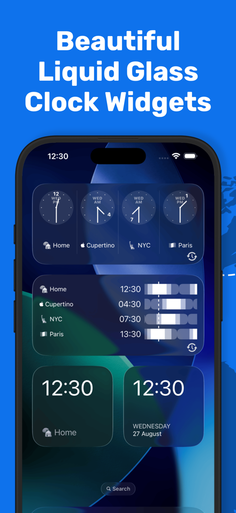 iPhone home screen displaying various liquid glass style world clock widgets for multiple timezones