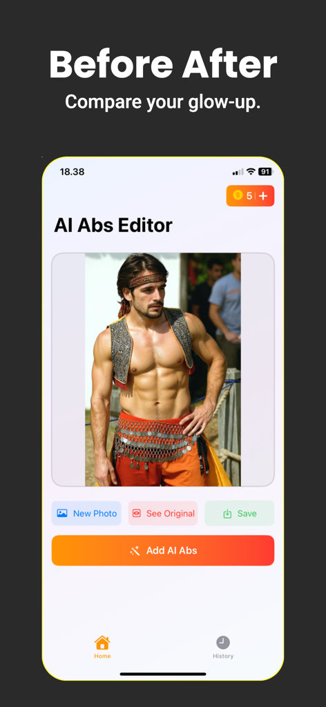 Abs Body Editor ◦ Retouch AI - Interfaz de la aplicación Abs Body Editor que muestra a un hombre con músculos abdominales mejorados por IA y una función de comparación de antes y después.