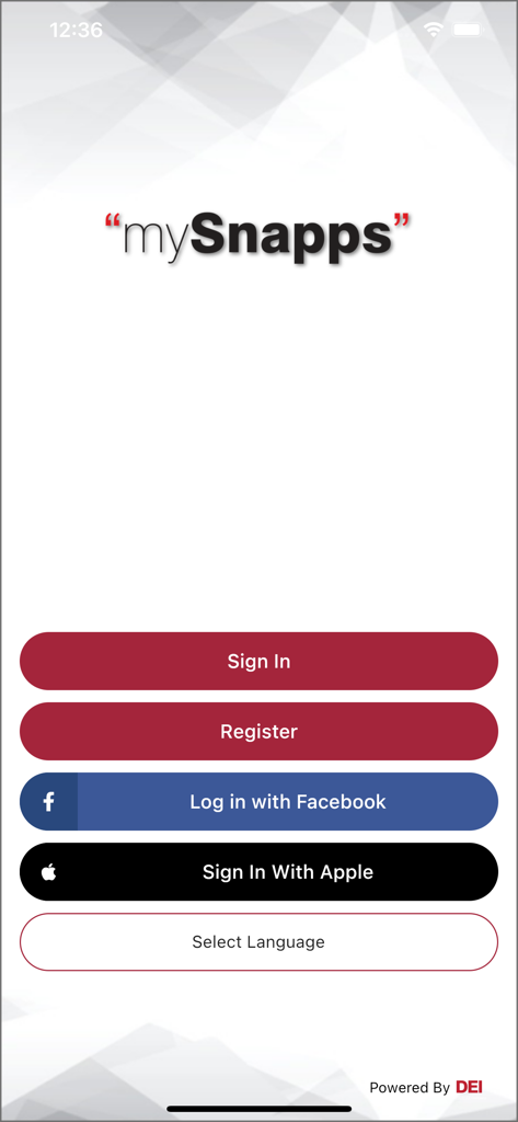 mysnapps login screen with social sign in options