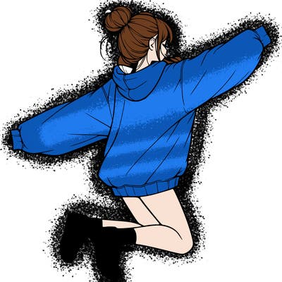 realistic girl jumping with a bun and oversized sweatshirt