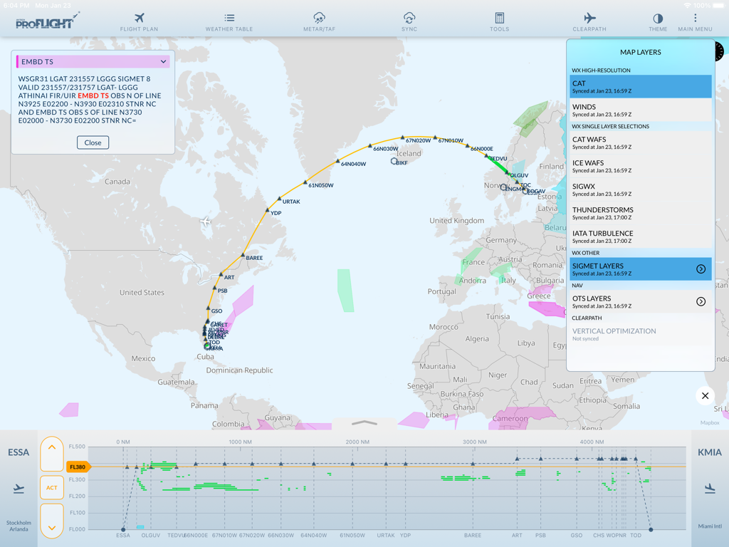 AVTECH proFLIGHT app showing a horizontal weather map and vertical flight profile for a transatlantic route