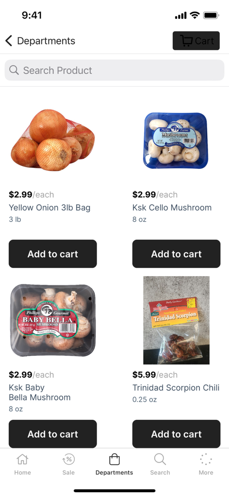 Uma tela de celular do aplicativo The Butchers Club mostrando uma variedade de produtos frescos como cebolas e cogumelos com seus preços e botões de adicionar ao carrinho.