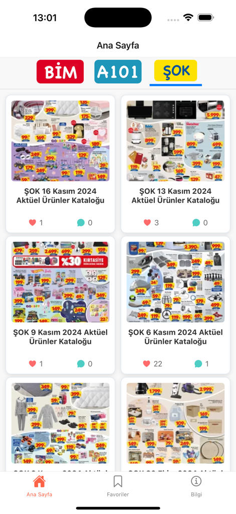 Bim A101 Sok Aktuelアプリのホーム画面には、さまざまなスーパーマーケットの割引カタログが表示されています