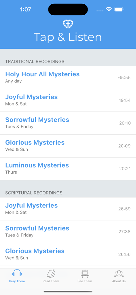 Rosary Army - Menu of traditional and scriptural audio rosary recordings in the Rosary Army app interface.