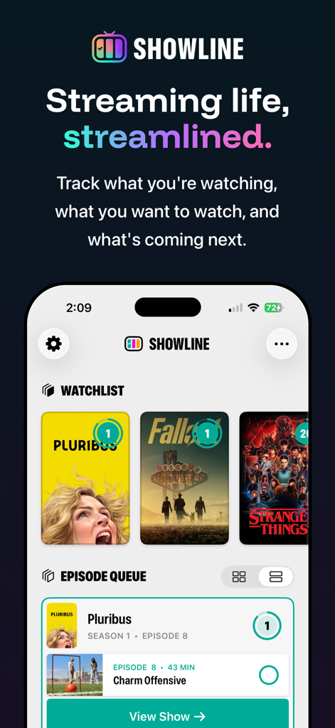 Showline: TV & Movie Tracker - Showline TV and movie tracker app interface displaying a watchlist and episode queue