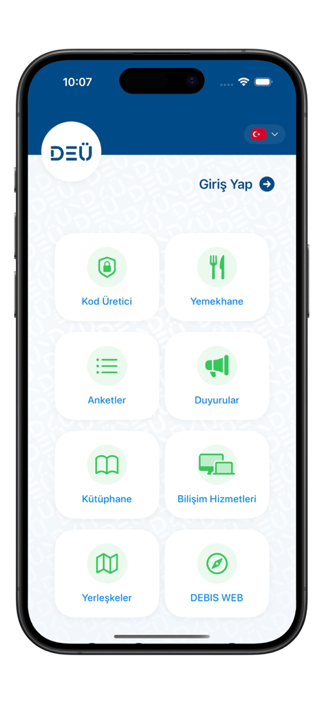 DEU Mobil - Main dashboard of the DEU Mobil app featuring icons for dining library announcements and IT services on an iPhone