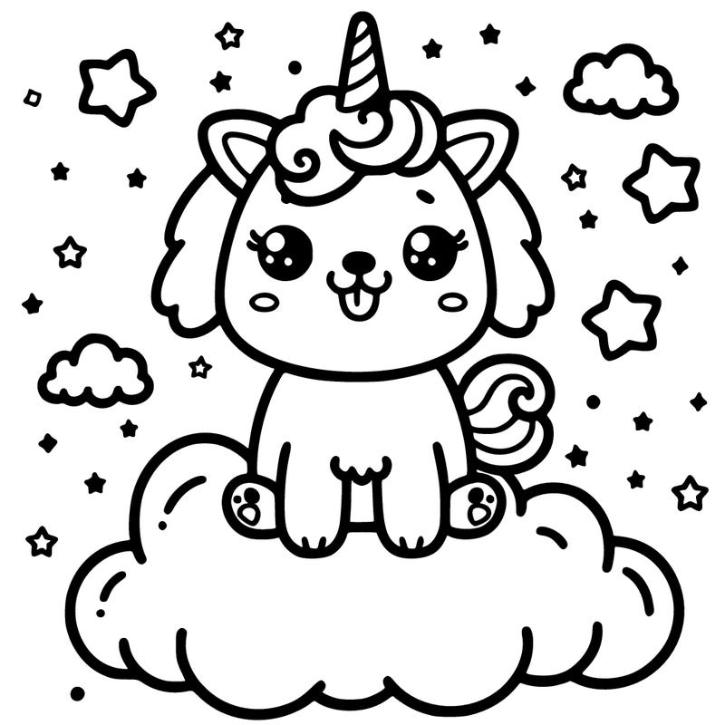 cute dog on a cloud with a unicorn horn