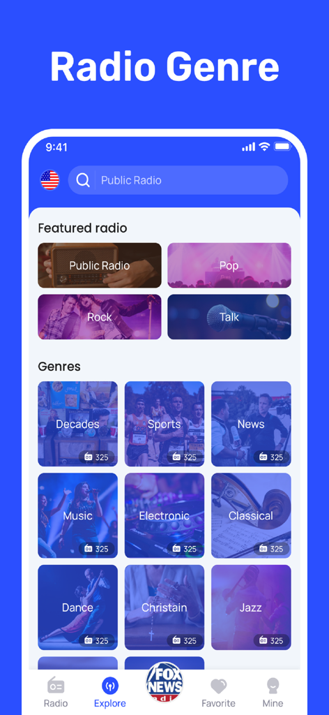 FM Radio - Local Radio - Interface of FM Radio app showcasing various radio station genres and categories
