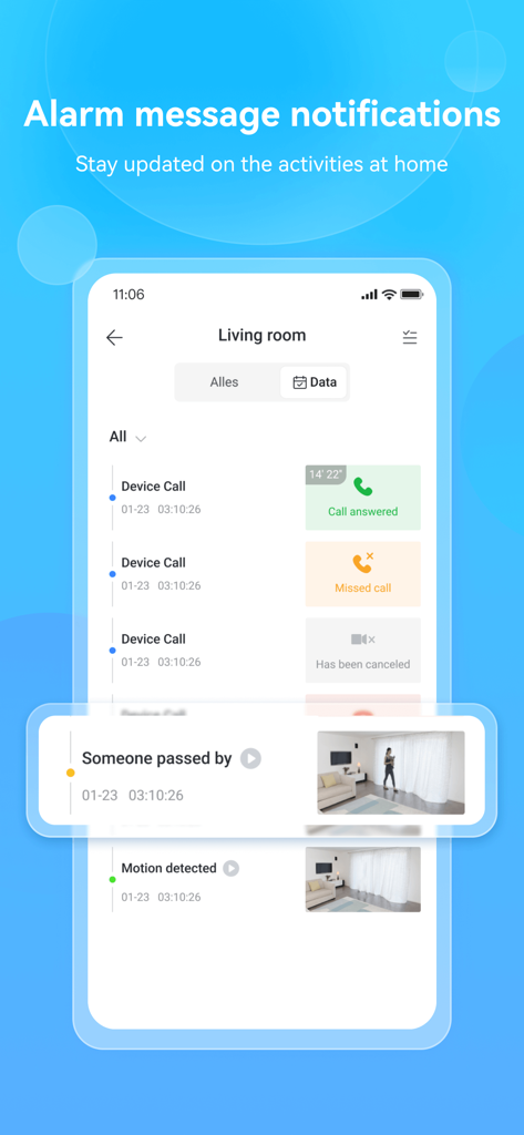 Im Cam - Smartphone screen showing a list of security notifications and activity logs for a living room with motion detection and call status.