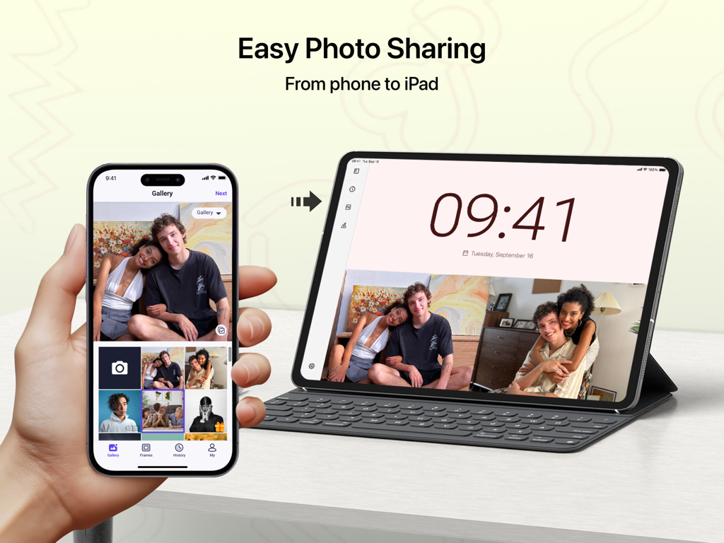 Uhale Photo Frame & Clock - Smartphone sharing photos to an iPad digital photo frame with a clock display
